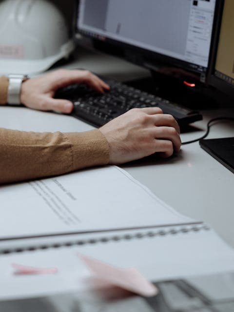 Project manager reviewing construction dashboards and drawings at a desk